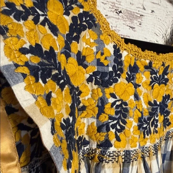 Mi Golondrina Yellow and Navy Embroidered Floral plaid dress - Picture 7 of 8